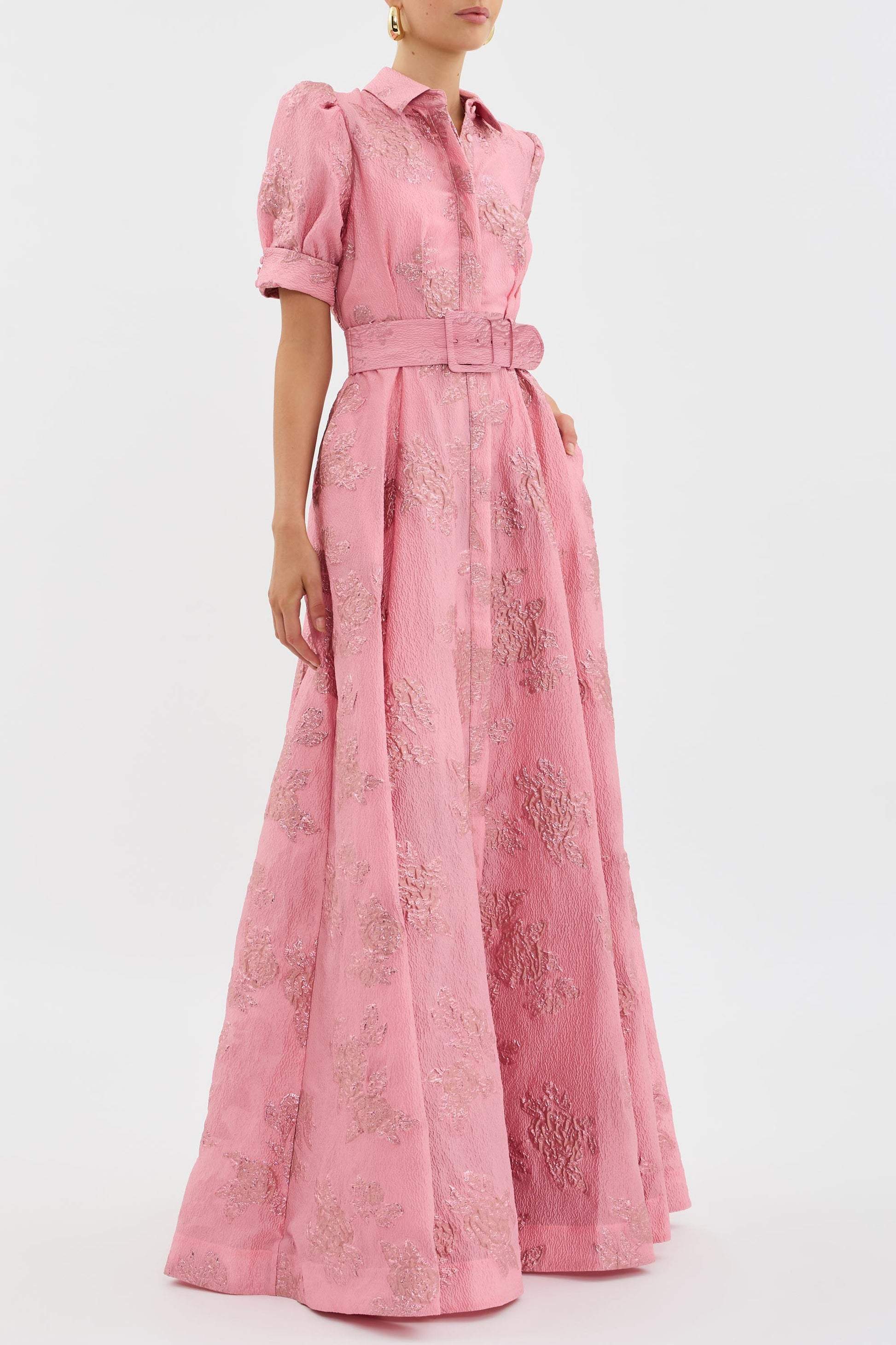 Robe Longue Ceinturée Texturée | Élégance Structurée | Finition Florale
