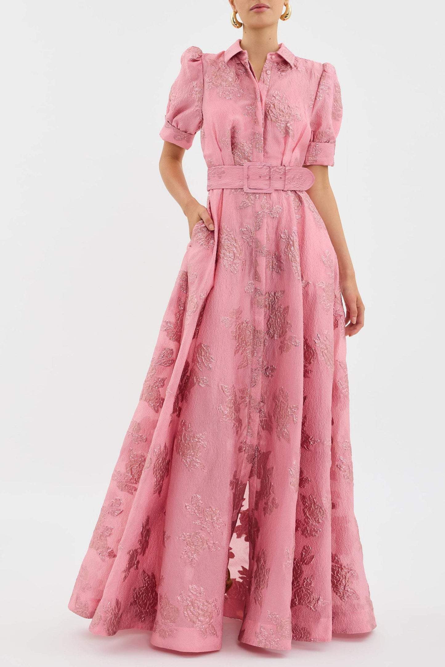 Robe Longue Ceinturée Texturée | Élégance Structurée | Finition Florale
