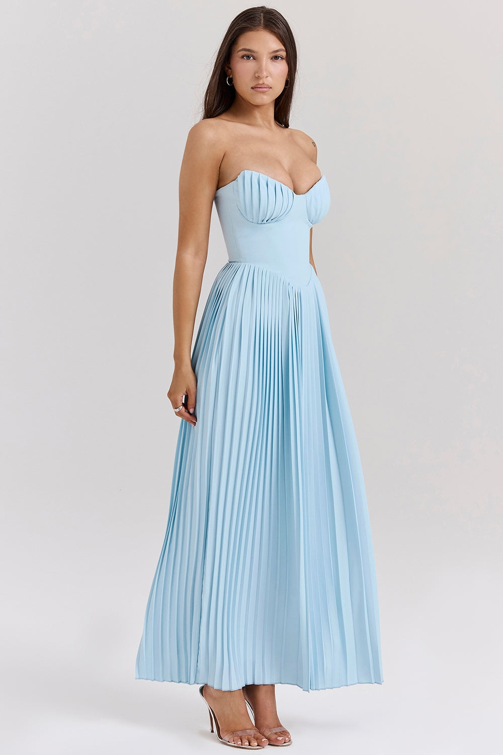 Robe bustier plissée longue | Bleu ciel | Élégance aérienne pour mariages & soirées d'été