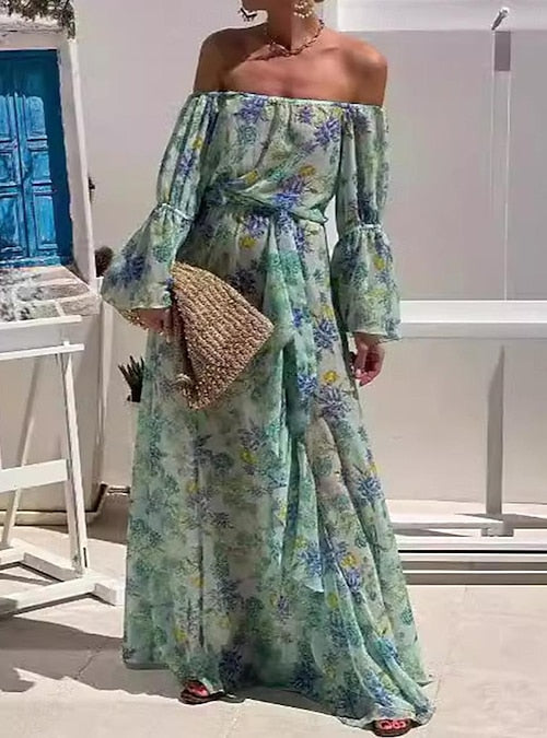 Robe Longue Fleurie Épaules Dénudées | Romantique | Fluide & Élégante