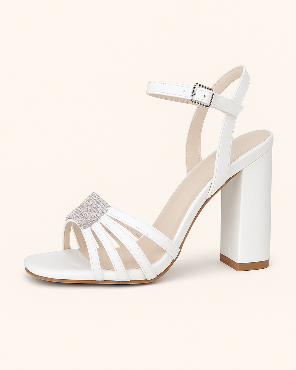 Sandales à Talon Bloc Blanc | Brides Strass | Escarpins Glamour de Soirée