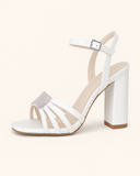 Sandales à Talon Bloc Blanc | Brides Strass | Escarpins Glamour de Soirée