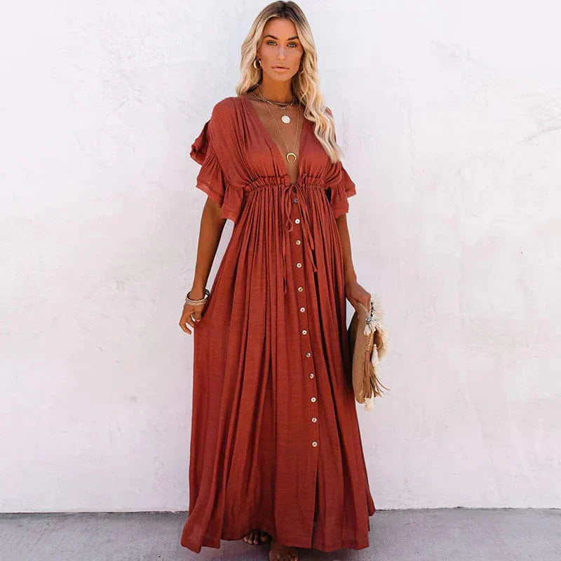 Robe Longue Bohème Boutonnée | Rouge Terre | Fluide & Élégante