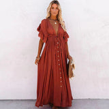 Robe Longue Bohème Boutonnée | Rouge Terre | Fluide & Élégante