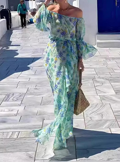 Robe Longue Fleurie Épaules Dénudées | Romantique | Fluide & Élégante