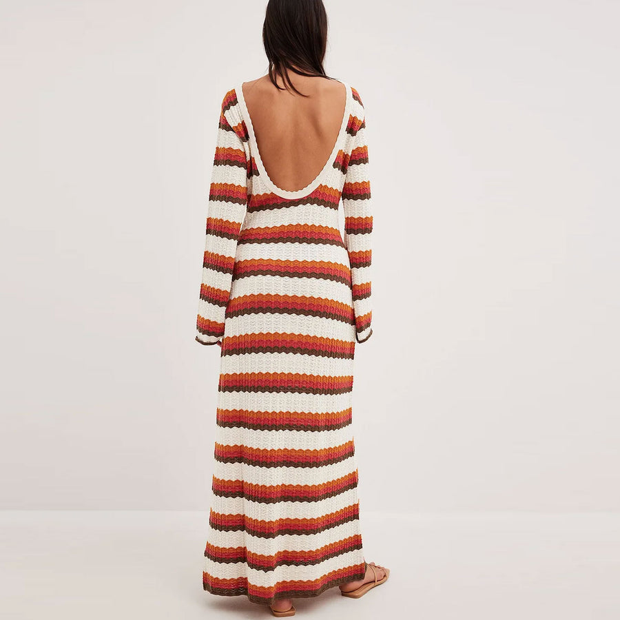 Robe Longue en Maille Crochet à Rayures | Style Rétro | Élégance Décontractée