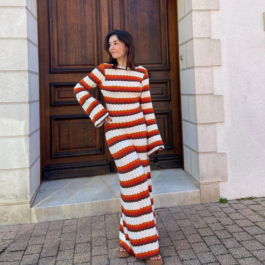 Robe Longue en Maille Crochet à Rayures | Style Rétro | Élégance Décontractée